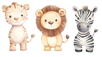 Cute safari animals, lion, tiger, zebra, watercolor illustration, kids decor