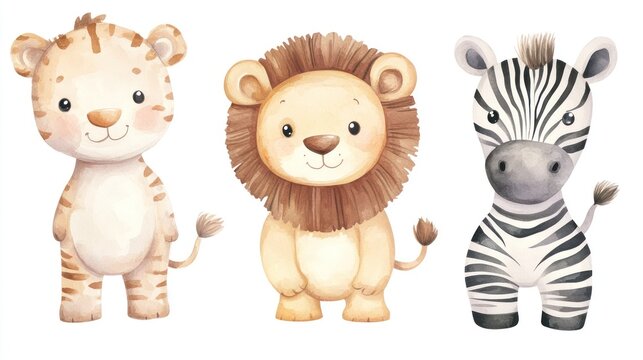 Fototapeta Cute safari animals, lion, tiger, zebra, watercolor illustration, kids decor