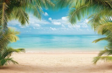 Obraz premium Serene tropical seascape, turquoise ocean, clear sky, palm trees the beach