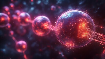 Fototapeta premium Abstract Cellular Network: Glowing Spheres and Interconnected Filaments