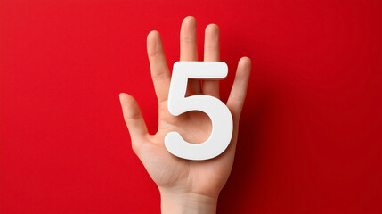 A hand holding a white number 5