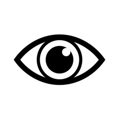 Black vector silhouette icon of a simple human eye with almond shape and centered pupil in flat minimal style