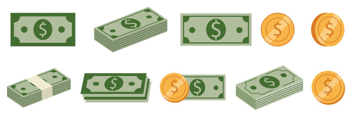 Set of banknotes and coins isolated on white background. Set of gold coins icons. Dollars. Flat vector illustration.