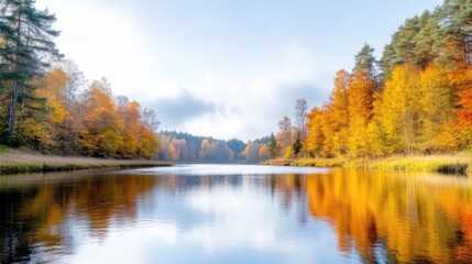 A serene lake reflecting vibrant autumn foliage, surrounded by colorful trees on a clear day, and nature landscape with perfect symmetry.