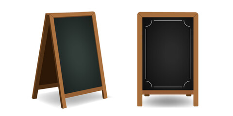 Empty black chalk Board, outdoor menu display in wooden frame, for cafe, restaurant, bar, flower shop, hair salon, small business. Vector stock flat illustration isolated on a white background. © Vasyl Yurlov