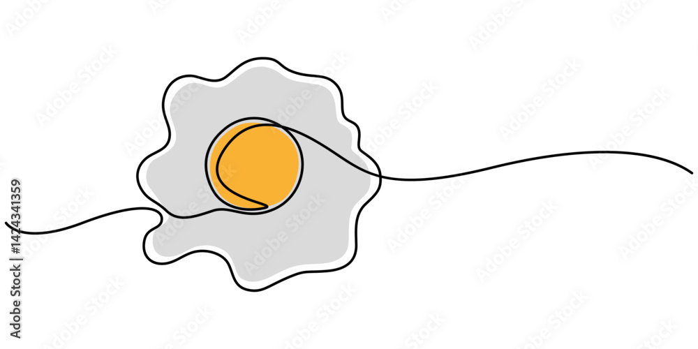 Fototapete scrambled eggs drawn with one continuous line, pro vector, vector illustration of fried egg with run
