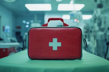 Medical first-aid kit sits on a hospital table.