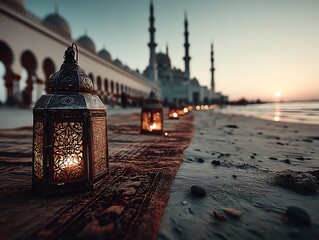 Mosque lanterns sunset beach