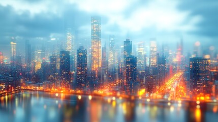 Obraz premium Dreamlike Cityscape at Dusk: Illuminated Towers and Blurry Refle