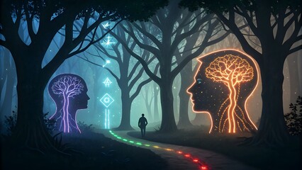 A futuristic neural network branching from a human head, blending biology with technology, representing cognitive science and AI psychology, glowing wires and abstract lights, Duality of mind: a split