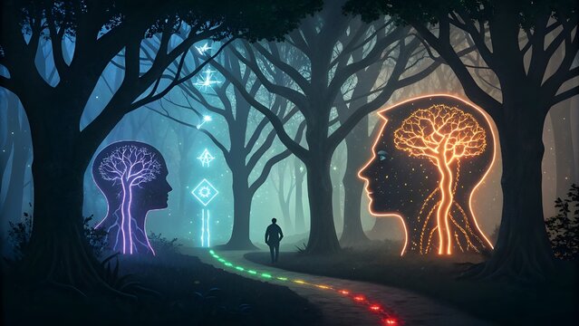 A futuristic neural network branching from a human head, blending biology with technology, representing cognitive science and AI psychology, glowing wires and abstract lights, Duality of mind: a split