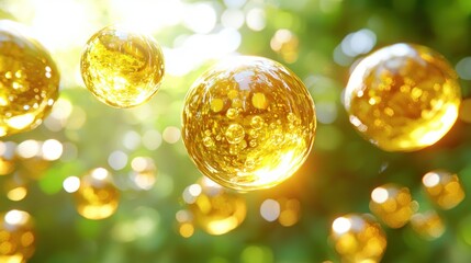 Golden spheres float in a natural setting