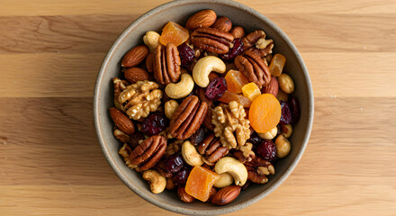 Fototapeta premium Bowl Filled With Assorted Nuts And Dried Fruits Overhead Shot