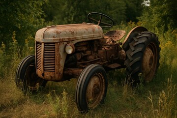 A forgotten tractor among wild vegetation