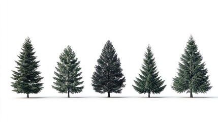 Obraz premium Five evergreen trees, isolated on white, for landscape design