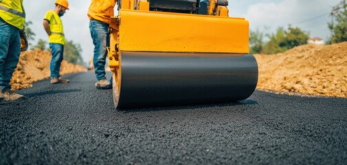 Daylight Photography of Construction Workers on Road Roller in Urban Infrastructure Development