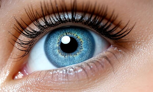 Close-up of a bright blue eye with long, dark lashes