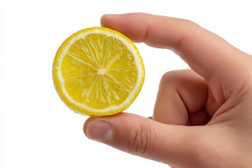 Hand holding a bright lemon slice against a clean white background captures the vibrant essence of citrus
