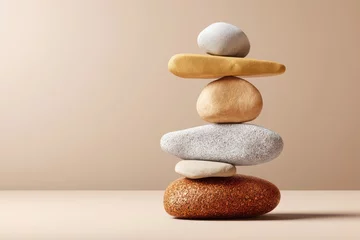 Fotobehang A stacked arrangement of smooth stones in various colors, balanced to create a harmonious, minimalist display against a neutral background. © Prasit