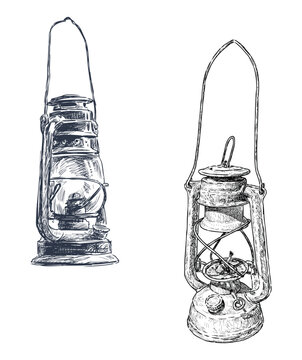 Sketches of two old kerosene lamps, vector realistic hand drawings isolated on white