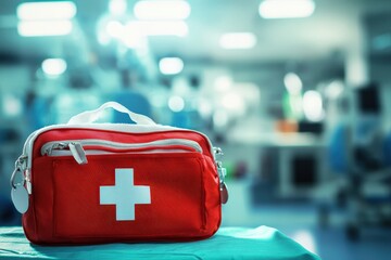 Red first-aid kit resting on a teal surface in a medical setting.