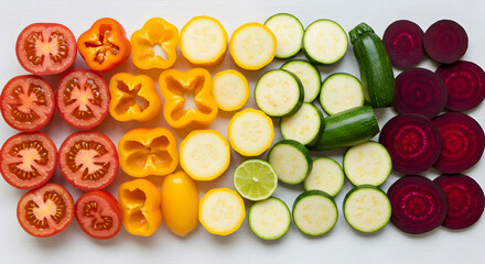 Colorful Sliced Vegetables Arranged in a Row on a White Background