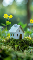 Eco-Friendly House Model on Moss with Nature Background

