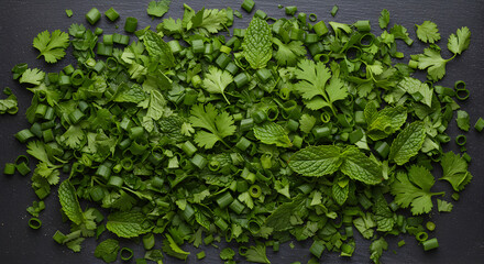 Fototapeta premium Fresh Culinary Herbs Composition Displayed On A Dark Background