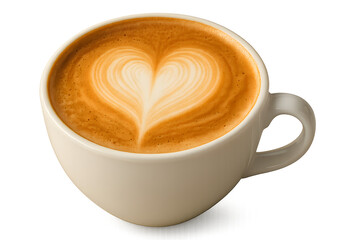 Delicious latte art coffee cup drink with heart design for breakfast or afternoon break time refreshment on transparent background