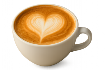 Delicious latte art coffee cup drink with heart design for breakfast or afternoon break time refreshment on transparent background