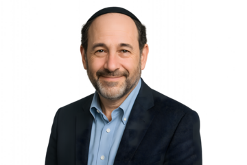 Portrait of smiling jewish man wearing kippah and suit jacket professional headshot on black background on transparent background