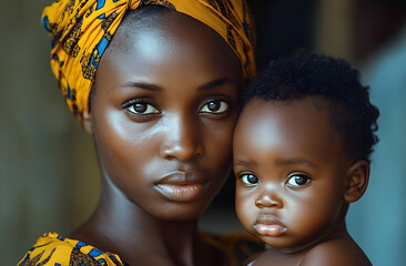 African mother holds baby. Portrait of poverty, sadness in third world. Woman with child, serious faces, deep eyes. Concept of humanity. Empathy, helping. Photo of dark skin family. Motherhood,