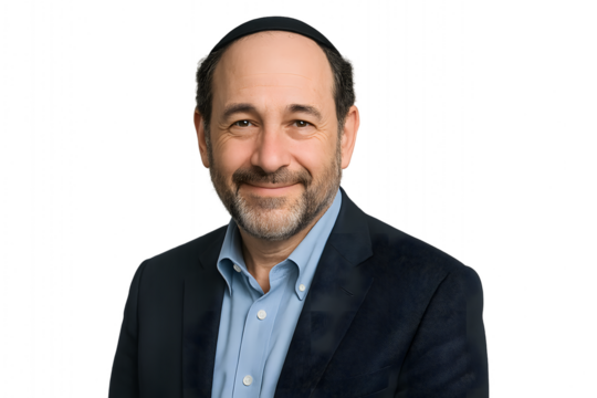Portrait of smiling jewish man wearing kippah and suit jacket professional headshot on black background on transparent background - Powered by Adobe