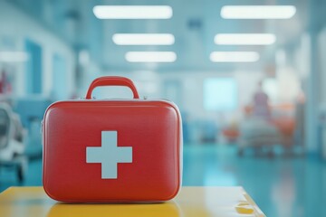 Medical first aid kit in a hospital hallway.