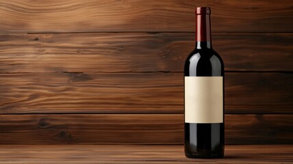 National Wine Day Celebration. A wine bottle with a blank label stands against a rustic wooden background, highlighting its elegant shape and deep red color.