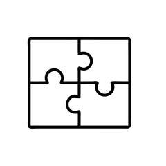 Four puzzle pieces interlocked, symbolizing unity, teamwork, and the completion of a shared goal through collaboration, with a bold black outline on a white background.