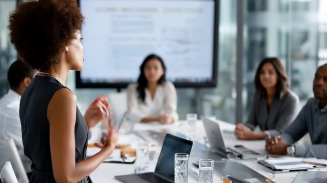 Professional businesswoman presenting strategic insights during corporate meeting
