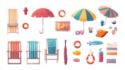 Beach chairs, umbrellas, toys, and summer items; holiday background; summer vacation promotion