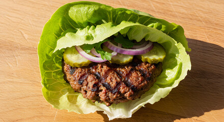 Healthy Lettuce Wrapped Burger On Wooden Surface For Keto Diet