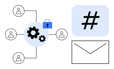 Gears linked with users for collaboration, lock symbol for security, metadata tag for social connection, envelope for messaging. Ideal for teamwork, cybersecurity, networking, automation, messaging