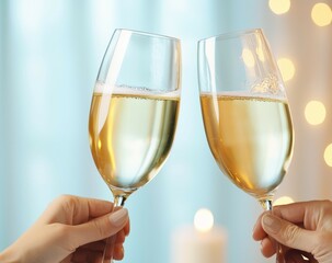 National Wine Day Celebration. Two hands clink champagne glasses, celebrating a special moment with bubbles and soft lighting in the background.