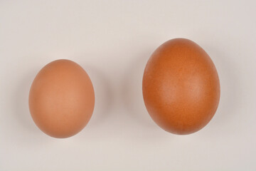 Two brown chicken eggs of different sizes are positioned side-by-side on a plain, light background