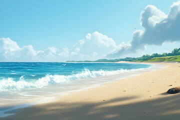 Serene coastal beach scene under a bright, sunny sky.