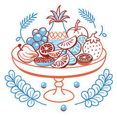 Adobe Illustrator ArtworkAssortment of healthy raw fruits and berries platter background, strawberries raspberries oranges plums apples kiwis grapes blueberries, mango, top view, selective focus Set o