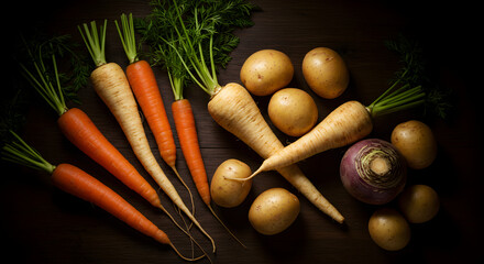 Rustic Root Vegetable Arrangement On Dark Wooden Surface With Dramatic Lighting
