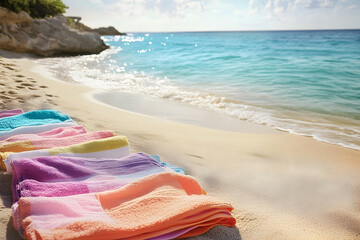 Obraz premium Vibrant beach towels arranged on a sandy shore.