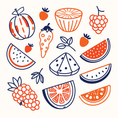 Adobe Illustrator ArtworkAssortment of healthy raw fruits and berries platter background, strawberries raspberries oranges plums apples kiwis grapes blueberries, mango, top view, selective focus Set o