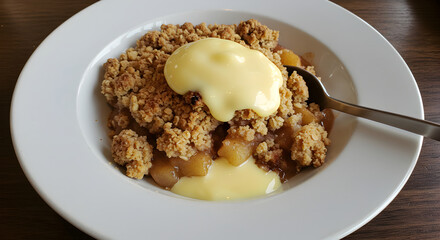 Apple Crumble Served With Creamy Custard Dessert On A Plate