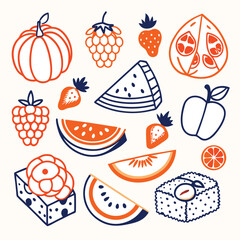 Adobe Illustrator ArtworkAssortment of healthy raw fruits and berries platter background, strawberries raspberries oranges plums apples kiwis grapes blueberries, mango, top view, selective focus Set o