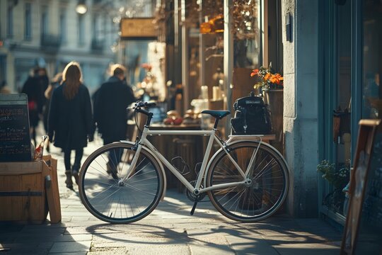 Fashionable bicycles under the sunshine outside the cafe
